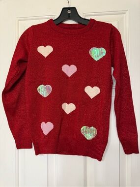 Girls Red Metallic Shimmer Knit Heart Sweater with Sequin Details